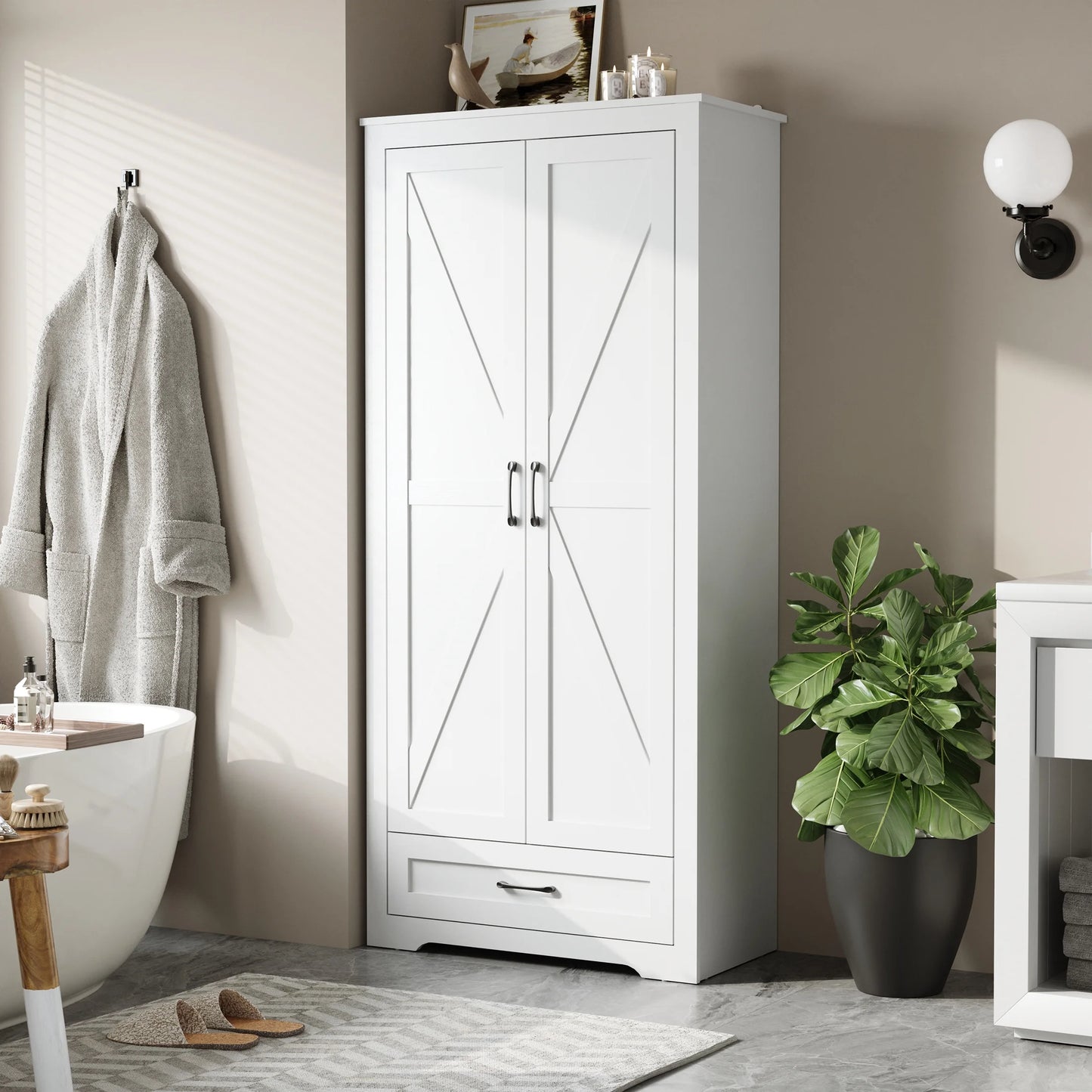 YouTrend 69" Tall Kitchen Pantry,Farmhouse Storage Cabinet with 2 Barn Doors 4 Adjustable Shelves and Large Drawer for Dining Room,Living Room,Bathroom,White