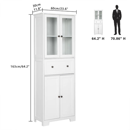 UBesGoo 64"H Pantry Cabinet, Tall Bathroom Closet Storage Organizer, with 2 Glass Doors Cabinets & Large Drawer, for Kitchen Living Room Bedroom Laundry Room Entryway Office, White