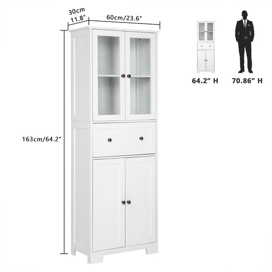 UBesGoo 64"H Pantry Cabinet, Tall Bathroom Closet Storage Organizer, with 2 Glass Doors Cabinets & Large Drawer, for Kitchen Living Room Bedroom Laundry Room Entryway Office, White