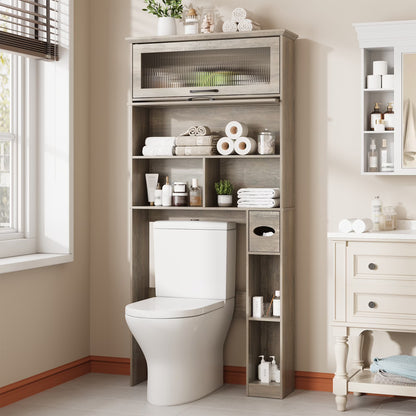 Vabches Over The Toilet Storage Cabinet with Transparent Flip Door, 33.2''W Bathroom Over Toilet Shelf Space Saver with Toilet Paper Holder