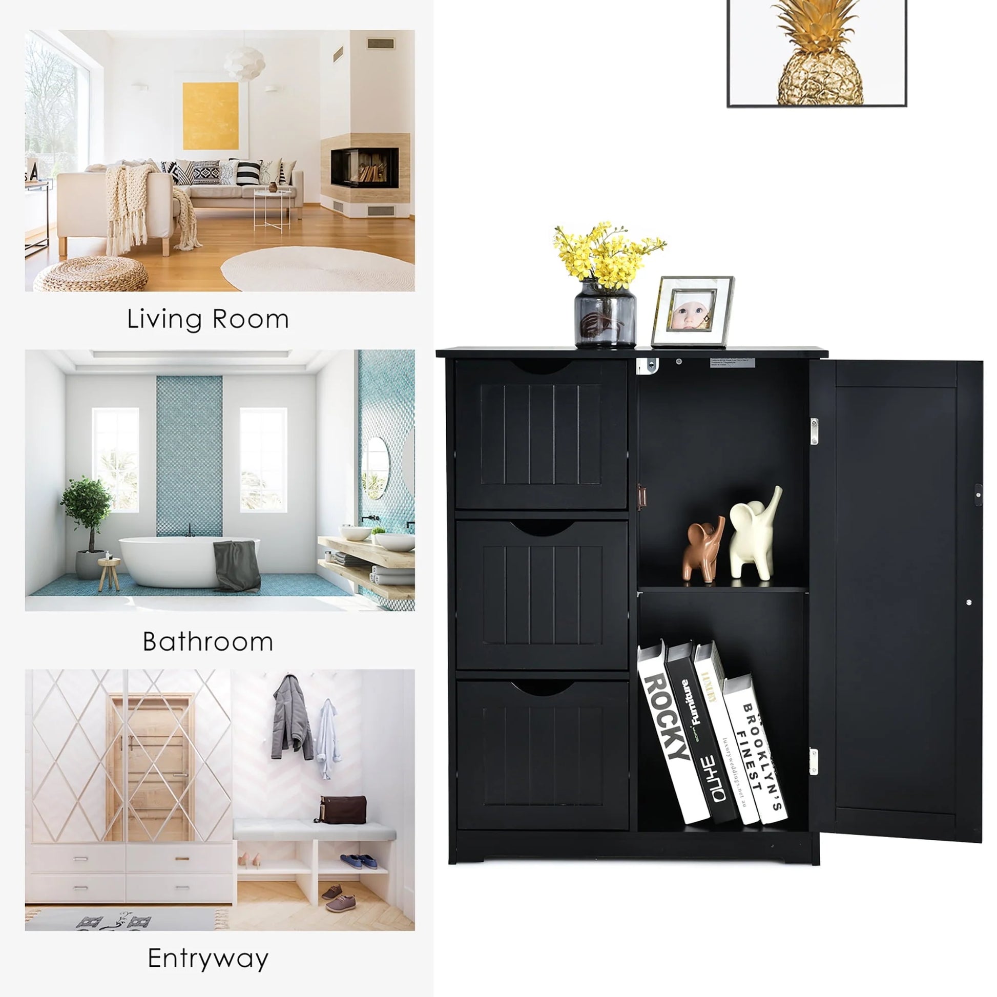 Costway Bathroom Floor Cabinet Side Storage Cabinet with 3 Drawers and 1 Cupboard Black