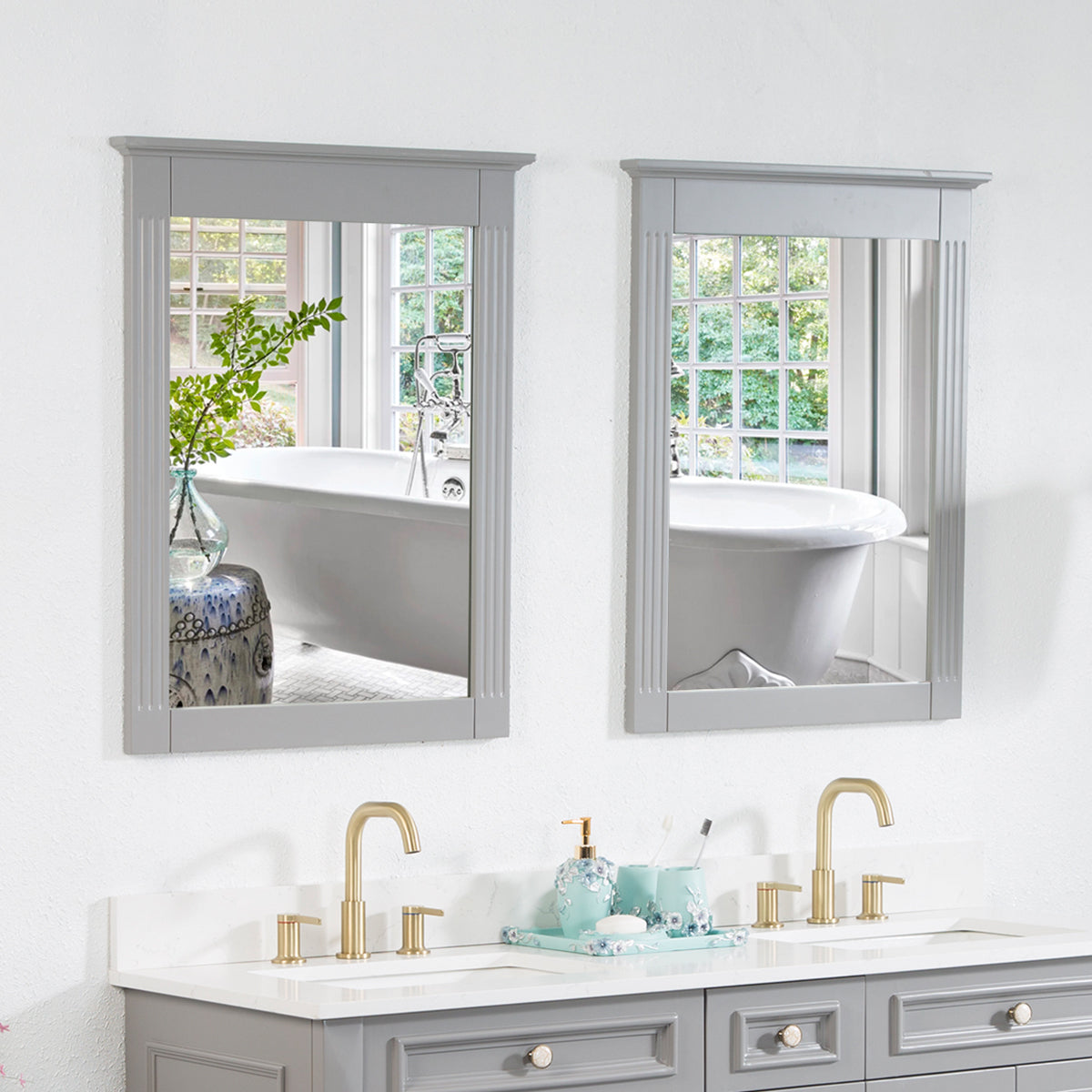 Forclover 33" x 26" 2 PCS Rectangle Wall-Mounted Vanity Mirror, Solid Wooden Framed Makeup Mirror, Bathroom Wall Mirror Apply to Bathroom Living Room Entryway, White