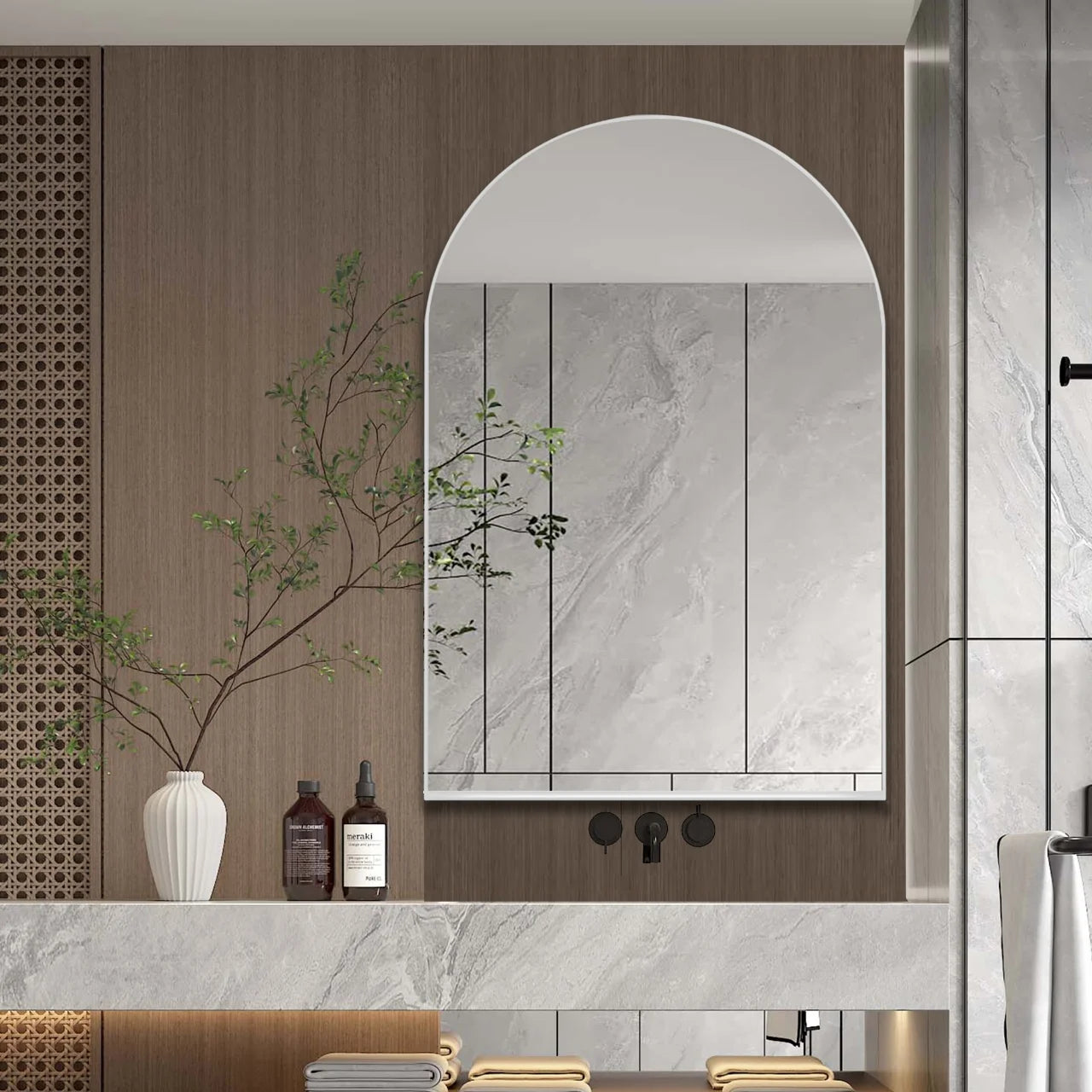 DUOSONG 24X36 Inch Arched Recessed Medicine Cabinet, Metal Framed Bathroom Wall Cabinet With Mirror And Adjustable Shelves, Wall Mirror With Storage For Bathroom, White White Metal Bath & Faucets