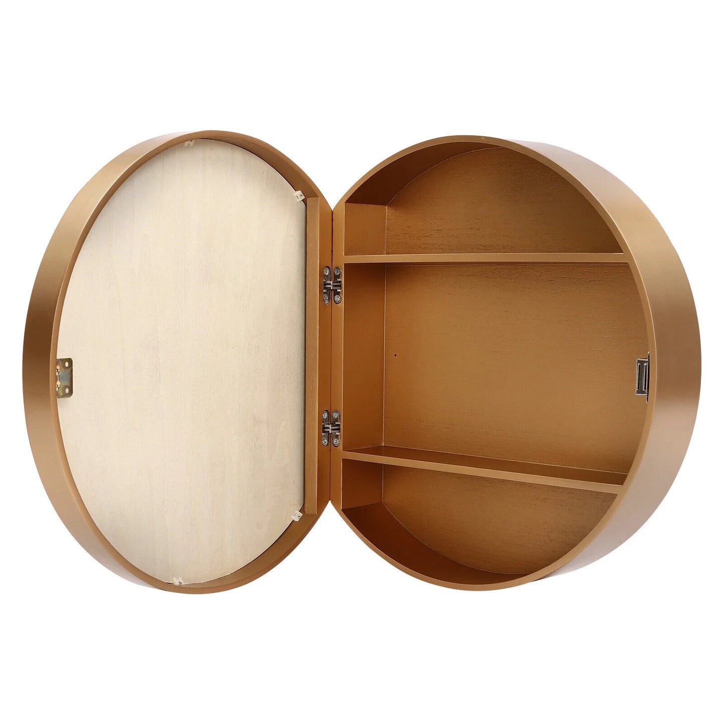 Mirror Cabinet Round Vanity Mirror Wood Frame Wall Cabinet with 3 Shelves for Bathroom