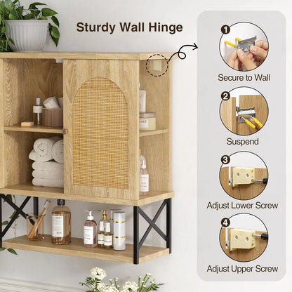 VEANERWOOD Rattan Bathroom Wall Storage Cabinet with Double Doors and Adjustable Shelves, Medicine Wall Storage Cabinet for Kitchen, Toilet, Bathroom