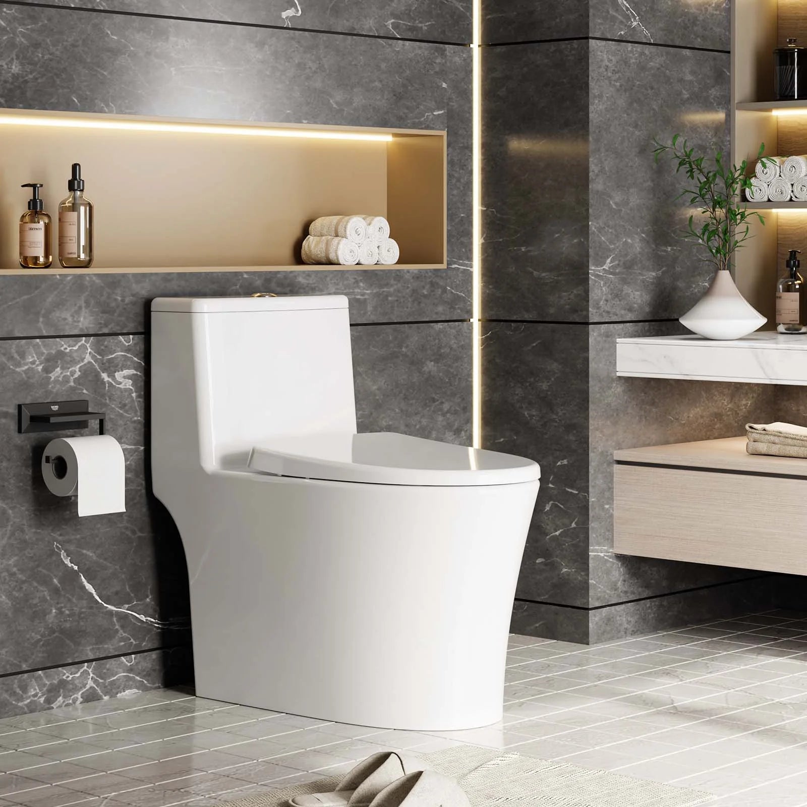 White One-Piece Elongated Toilet for Bathroom - Water Efficient