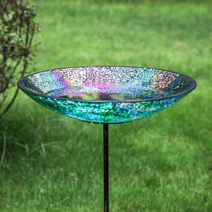 WHOLE HOUSEWARES D 13" x H 30" Birdbath/Feeder with Stake, Iridescent Crackled Glass