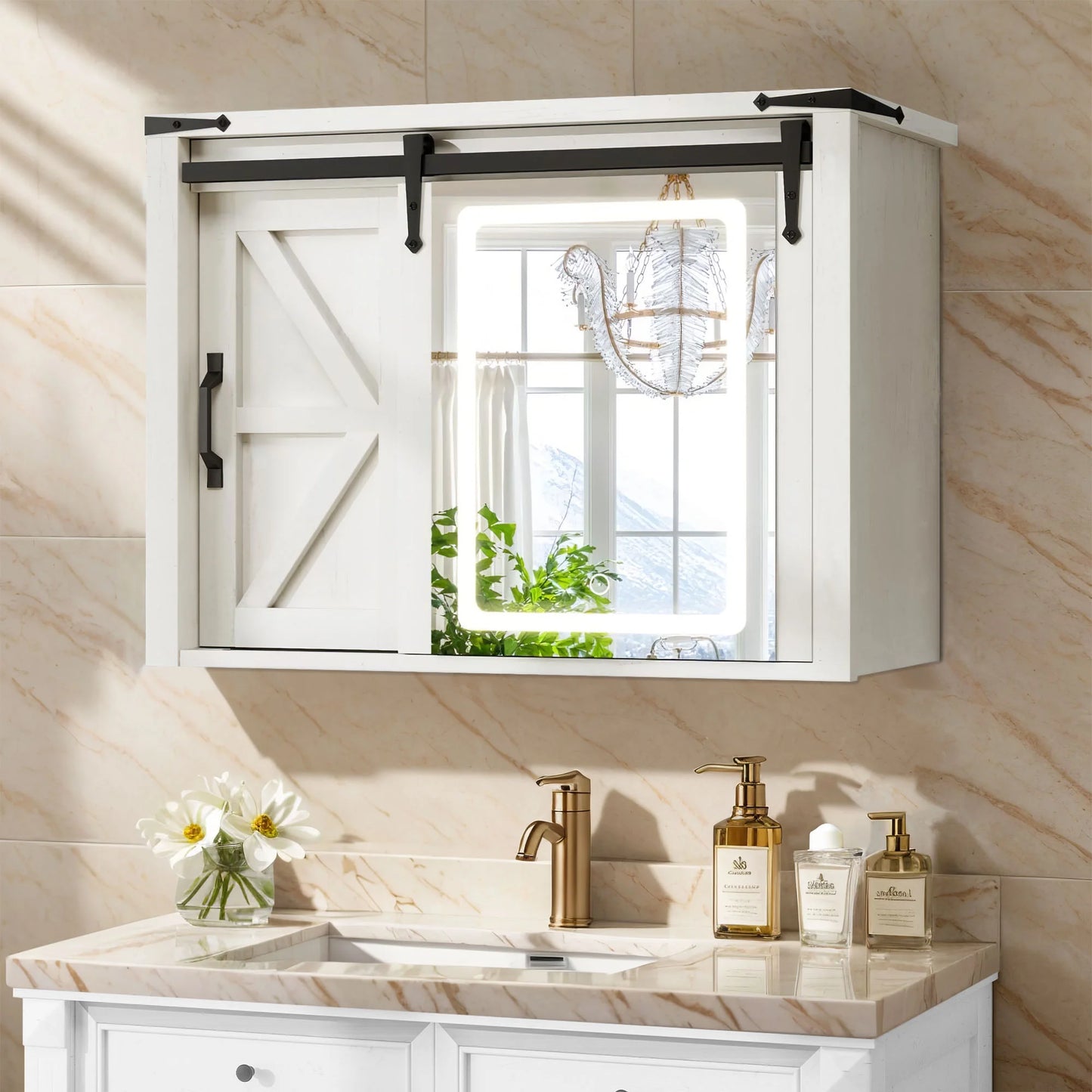 DWVO Bathroom Wall Cabinet with LED Lights Mirror, Medicine Cabinet with Door and Adjustable Shelf, White