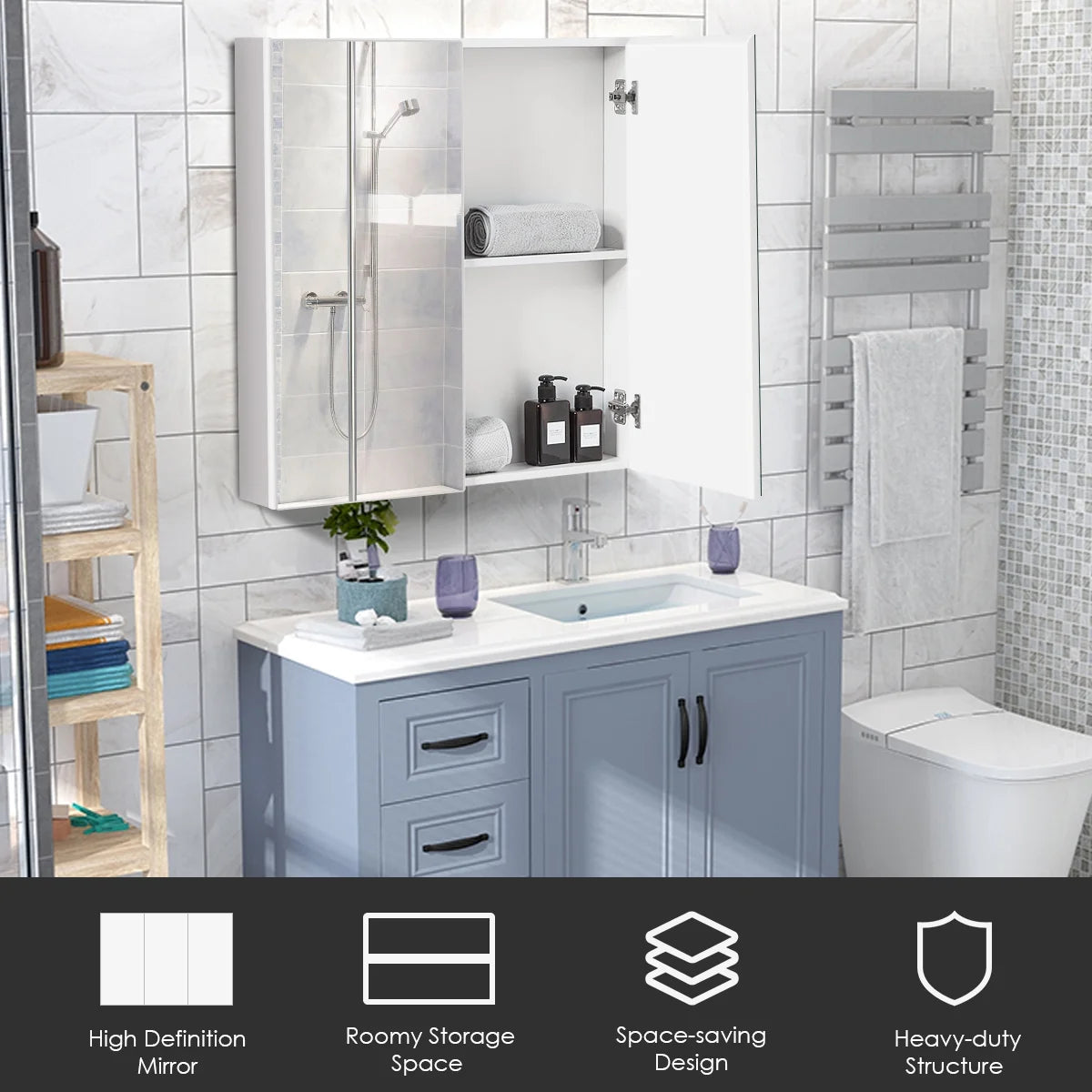 Costway Bathroom Cabinet Medicine Cabinet Wall Mount Double Door with Shelf and Mirror
