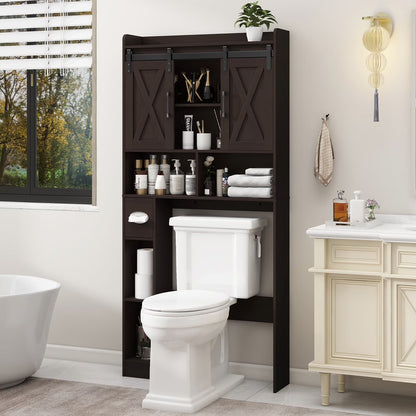 Over The Toilet Storage Cabinet, Farmhouse Storage Cabinet Over Toilet with Sliding Doors��Home Space-Saving Toilet Rack, for Bathroom, Restroom, Laundry
