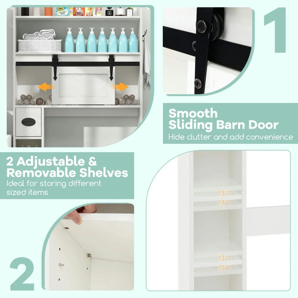Topcobe Over The Toilet Storage Cabinet with Sliding Barn Door and Adjustable Shelves, Bathroom Furniture, Bathroom Shelves, White