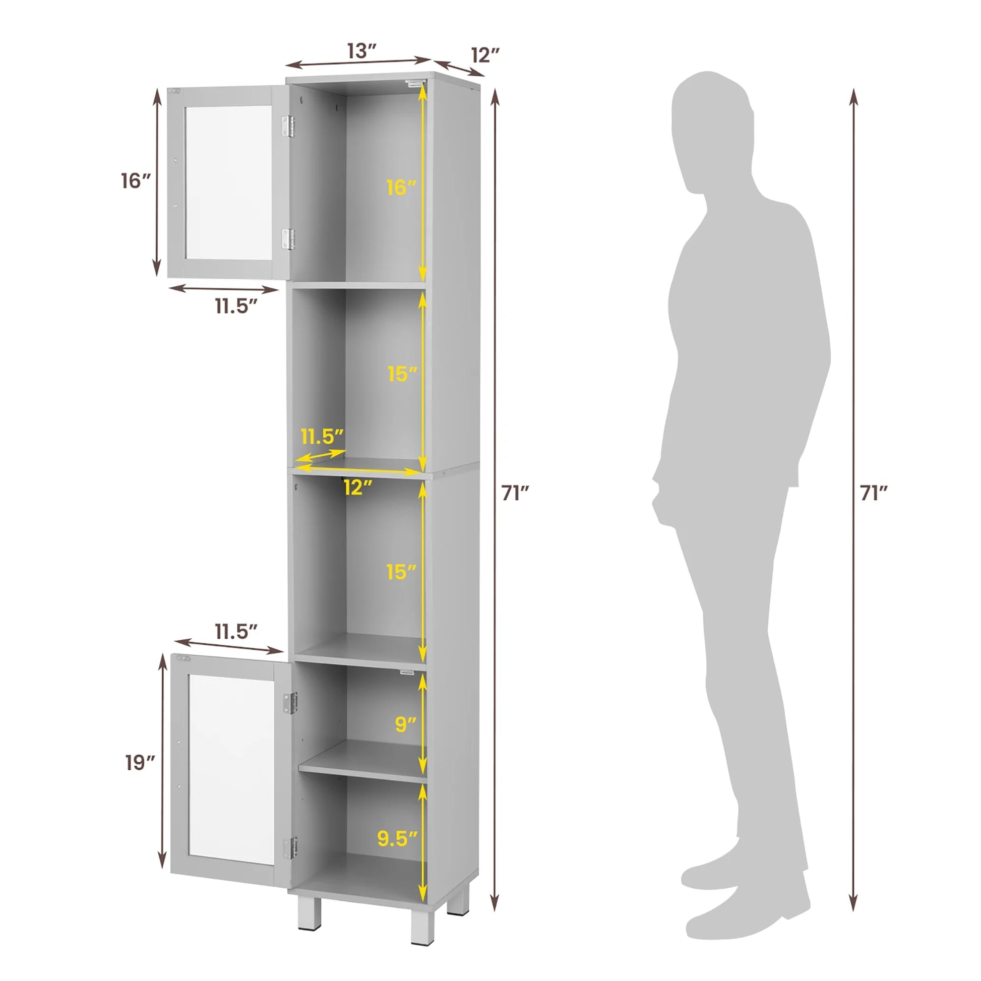 Costway 71'' Tall Tower Bathroom Storage Cabinet Organizer Display Shelves Bedroom Grey