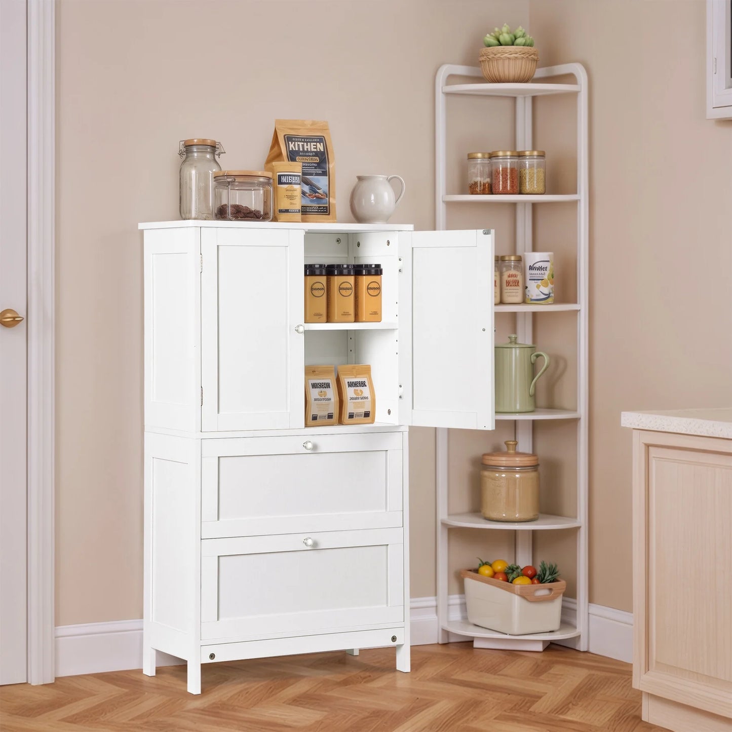 ZENSTYLE Freestanding MDF Bathroom Cabinet with 2 Drawers and Adjustable Shelf Extra Storage Space, White