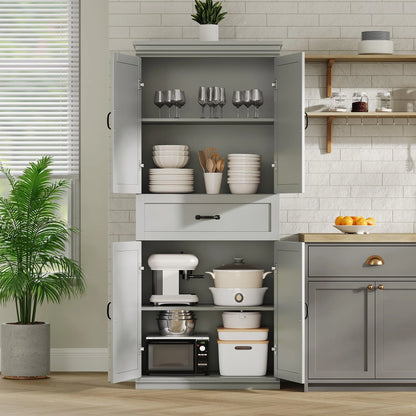 DSstyles Pantry Cabinet, Freestanding Kitchen Pantry Storage Cabinet,70" Cupboard, Tall Storage Cabinet with Doors and Adjustable Shelves, for Bathroom, Dining Room, Living Room, Antique White/Gray