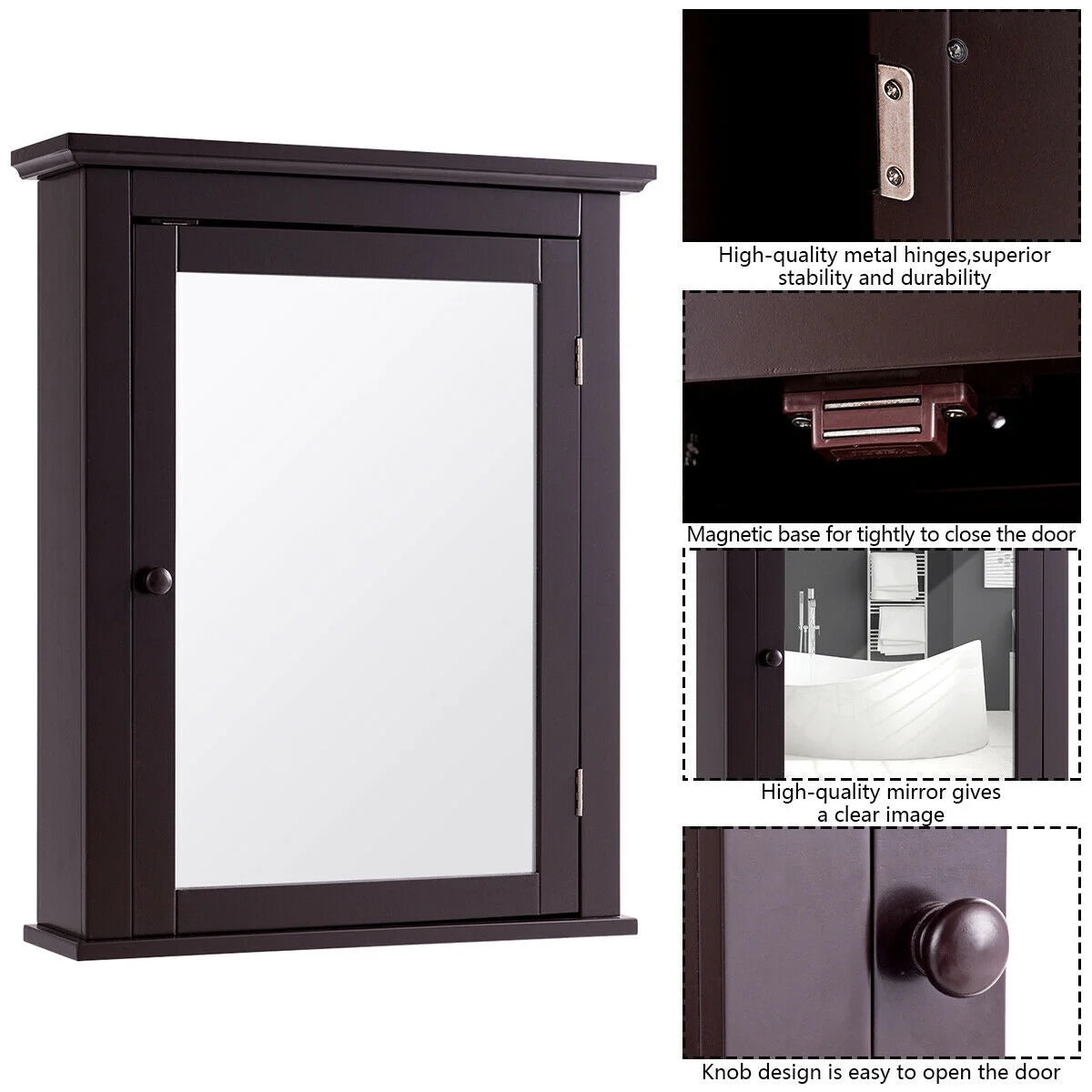 Gymax Bathroom Mirror Cabinet Adjustable Shelf Wall Mounted Medicine Storage Brown