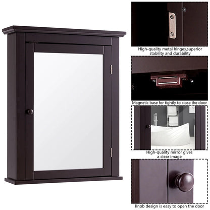 Gymax Bathroom Mirror Cabinet Adjustable Shelf Wall Mounted Medicine Storage Brown