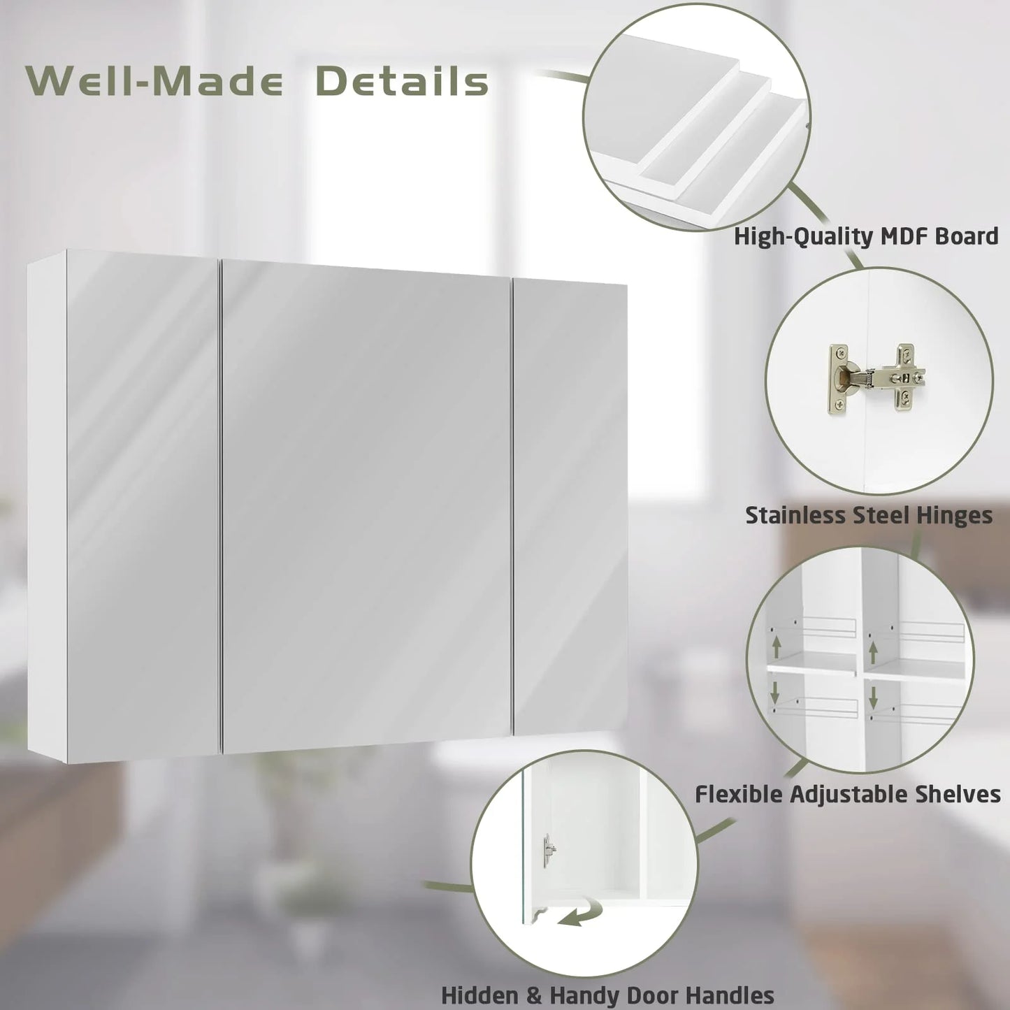 Medicine Cabinet Bathroom Wall Mirror Cabinet with 3 Door & 3 Adjustable Shelf, Multipurpose Storage Organizer for Kitchen Living Room, White