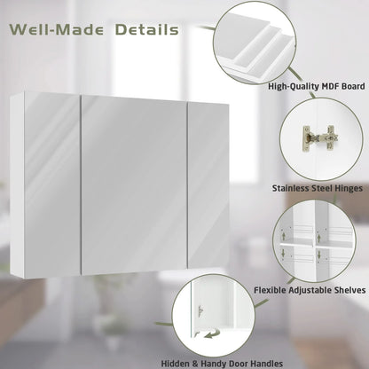 Medicine Cabinet Bathroom Wall Mirror Cabinet with 3 Door & 3 Adjustable Shelf, Multipurpose Storage Organizer for Kitchen Living Room, White