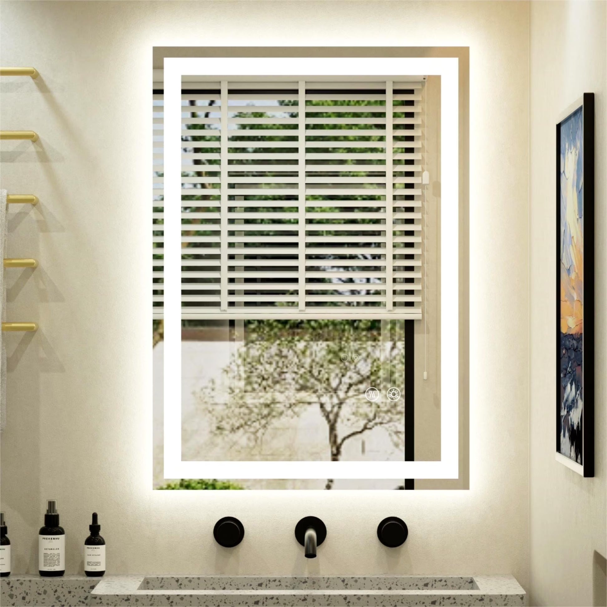 JSneijder 40x32 inch LED Bathroom Mirror, Wall Mounted Frameless Lighted Bathroom Mirror, Dimmable, Anti-Fog, Horizontal/Vertical