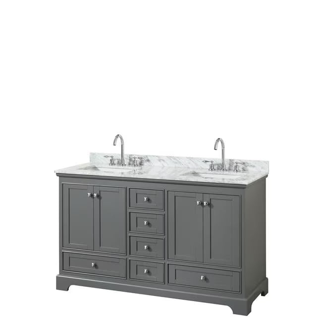 60 in. Double Bathroom Vanity, White Carrara Marble Countertop, Undermount Square Sink & No Mirror - Dark Gray