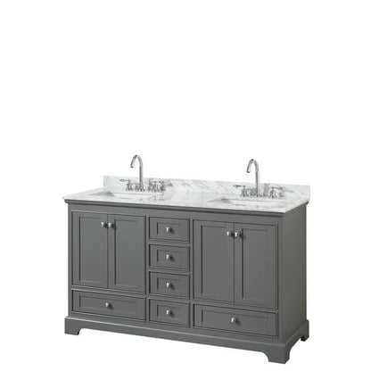 60 in. Double Bathroom Vanity, White Carrara Marble Countertop, Undermount Square Sink & No Mirror - Dark Gray