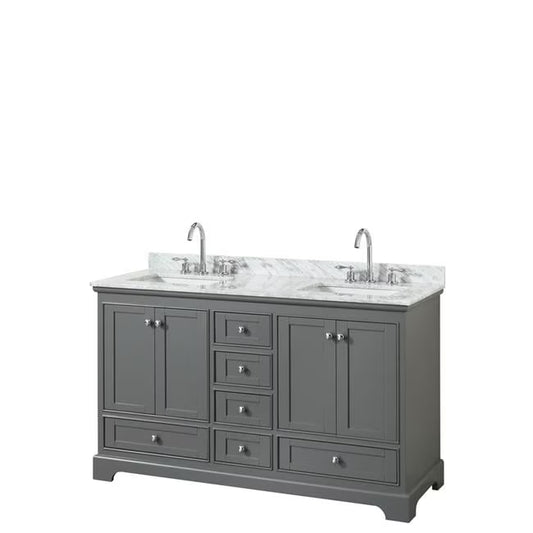 60 in. Double Bathroom Vanity, White Carrara Marble Countertop, Undermount Square Sink & No Mirror - Dark Gray