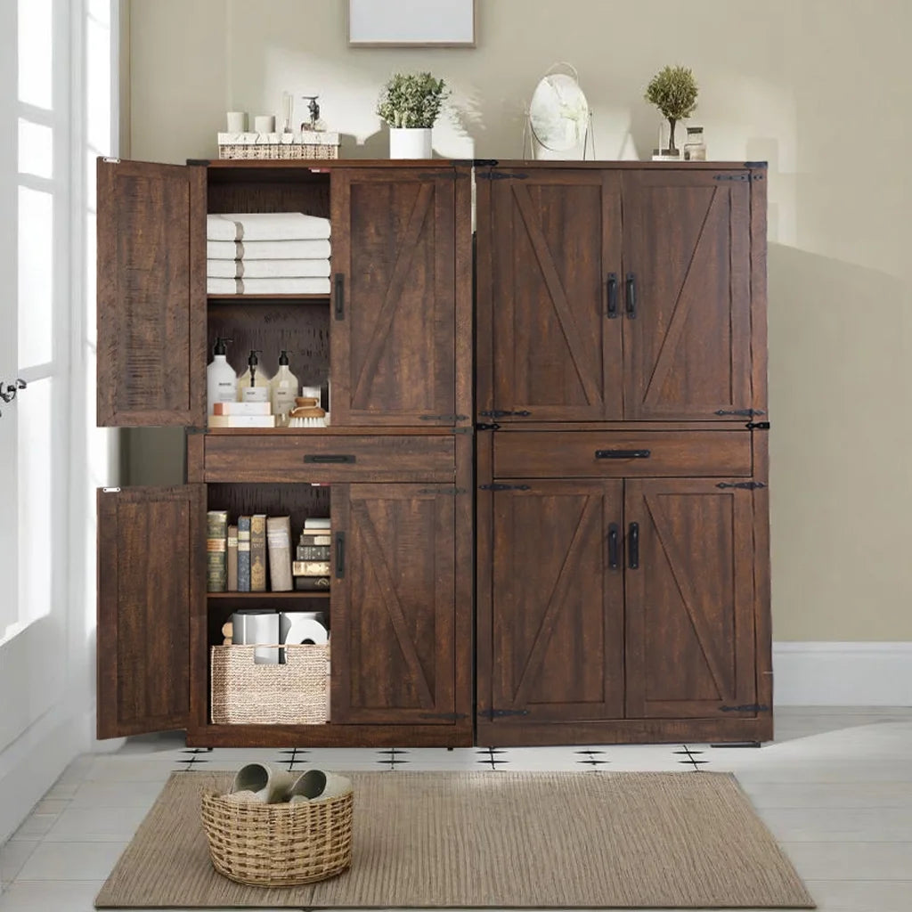 72.4'' Tall Bathroom Storage Cabinet with Drawer & 4 Storage Shelves, Rustic Farmhouse Linen Cabinet with Load-Bearing Steel Pipe & 4 Doors for Bedroom Living Room Kitchen Art/Craft Room