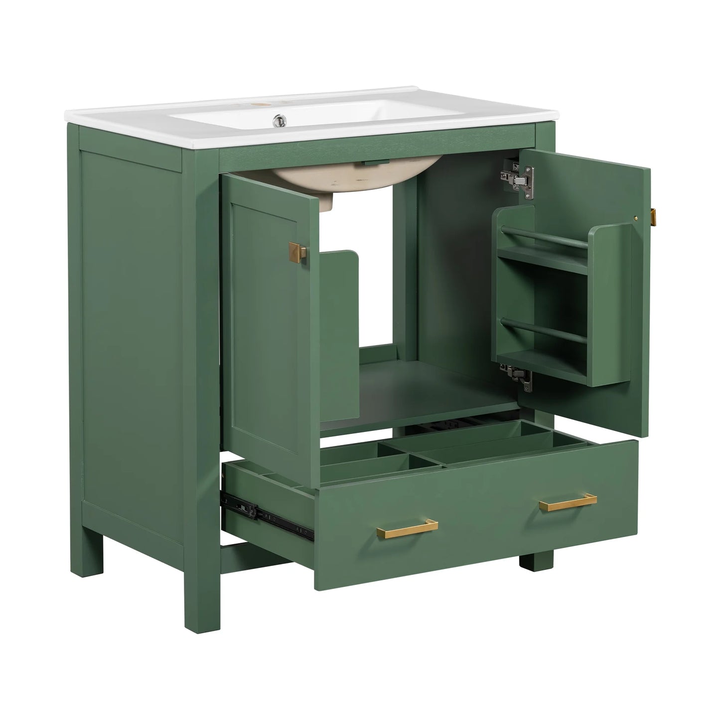 Harper & Bright Designs 30" Bathroom Vanity with Sink Combo, Bathroom Cabinet with Ceramic Top, Multifunctional Storage Doors and Drawer, Green