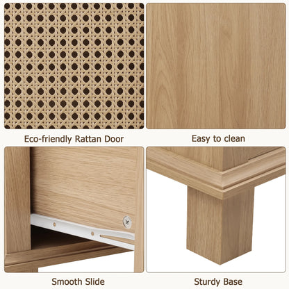 Homfa Bathroom Cabinet with Rattan Doors, Rattan Linen Storage Cabinet with 2 Drawers, Oak