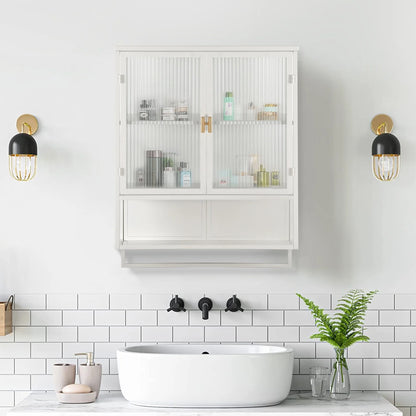 Two-door Wall Cabinet, Modern Kitchen Wall Mounted Cabinet with 2 Glass Doors, Two-tier Enclosed Storage, an Open Shelf, Towel Rack, Metal Wall Cabinet for Entryway, Living Room, Bathroom, White