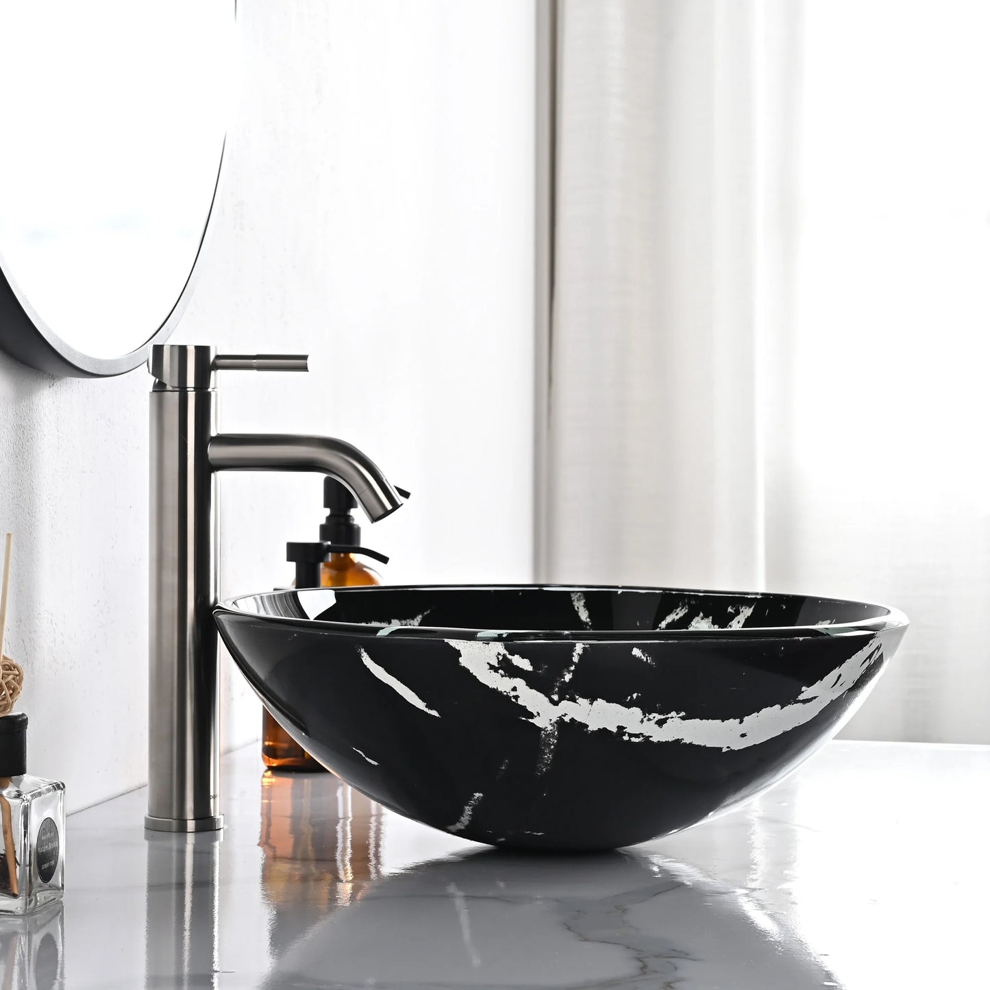 Aquaterior Tempered Glass Round Vessel Sink Artistic Marbling Pattern Above Counter Bathroom Lavatory Vanity Bowl Basin