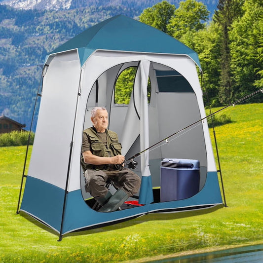 2 Rooms Camping Shower Tent, 7.5 FT Outdoor Pop up Changing 2 Room, Instant Extra Wide Privacy Shelter for Camping Dressing Toilet Bathroom with Carry Bag, Blue & White