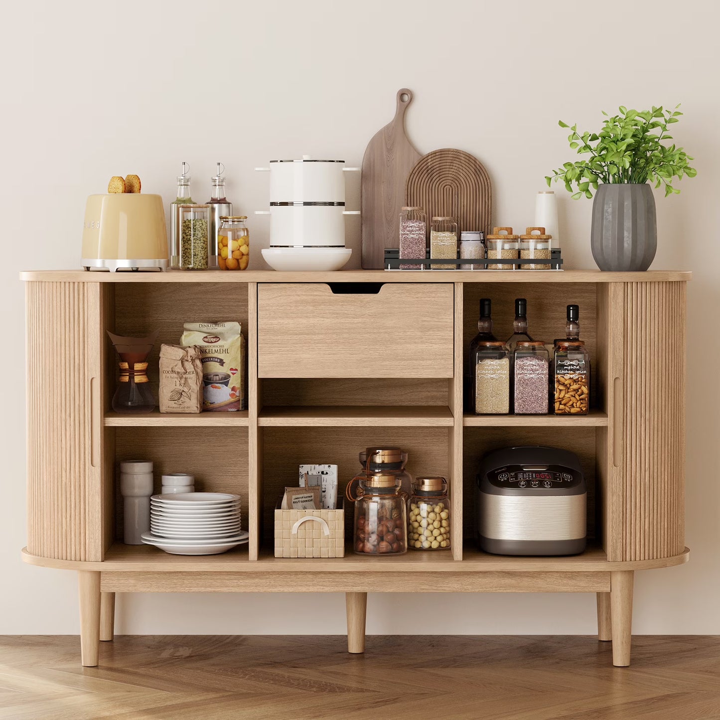 LINSY HOME Fluted Pantry Storage Cabinet, Kitchen Cabinets with Sliding Tambour Door, Wide Storage Cabinet with Removable & Adjustable Shelves for Dining Room, Living Room, Bathroom, Oak