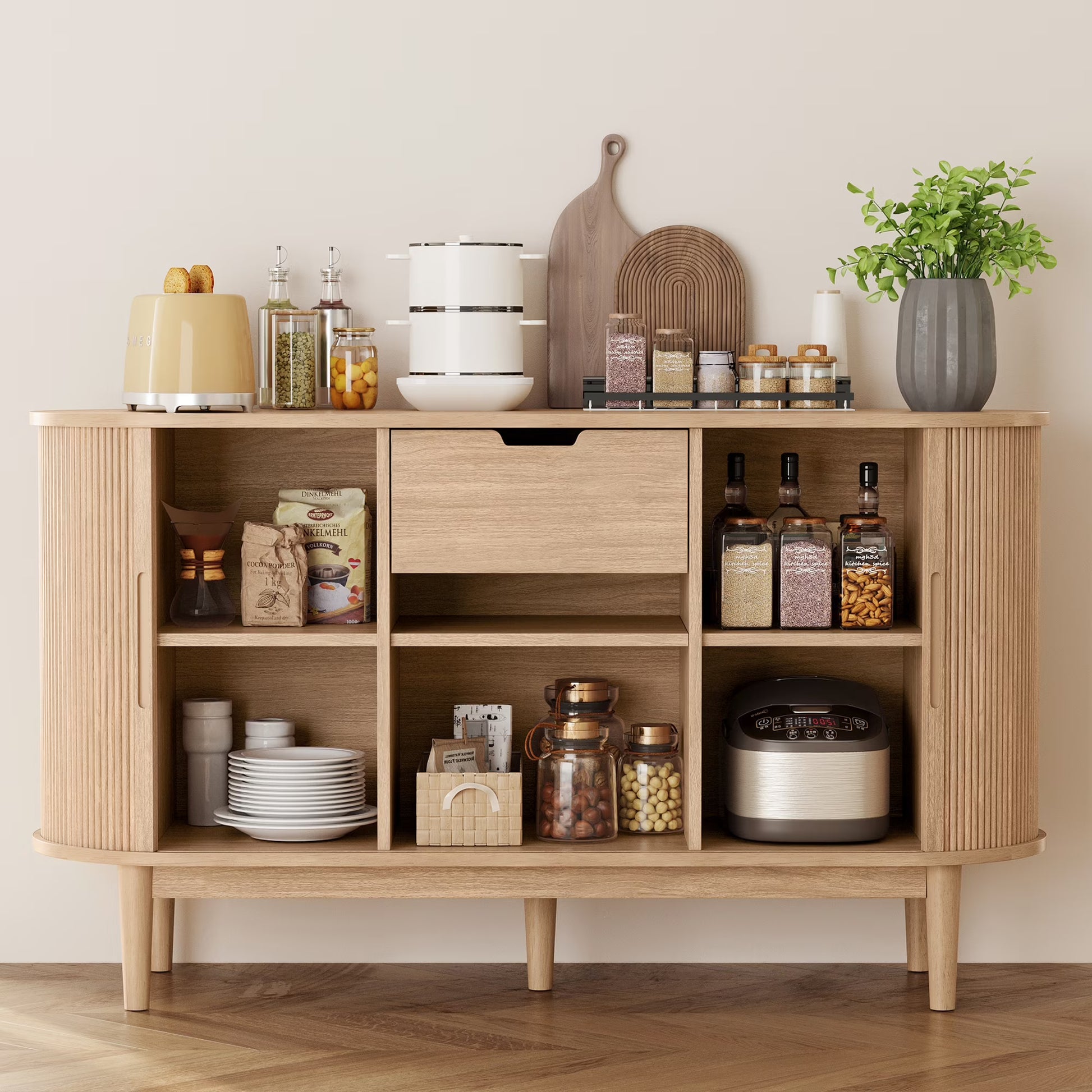 LINSY HOME Fluted Pantry Storage Cabinet, Kitchen Cabinets with Sliding Tambour Door, Wide Storage Cabinet with Removable & Adjustable Shelves for Dining Room, Living Room, Bathroom, Oak