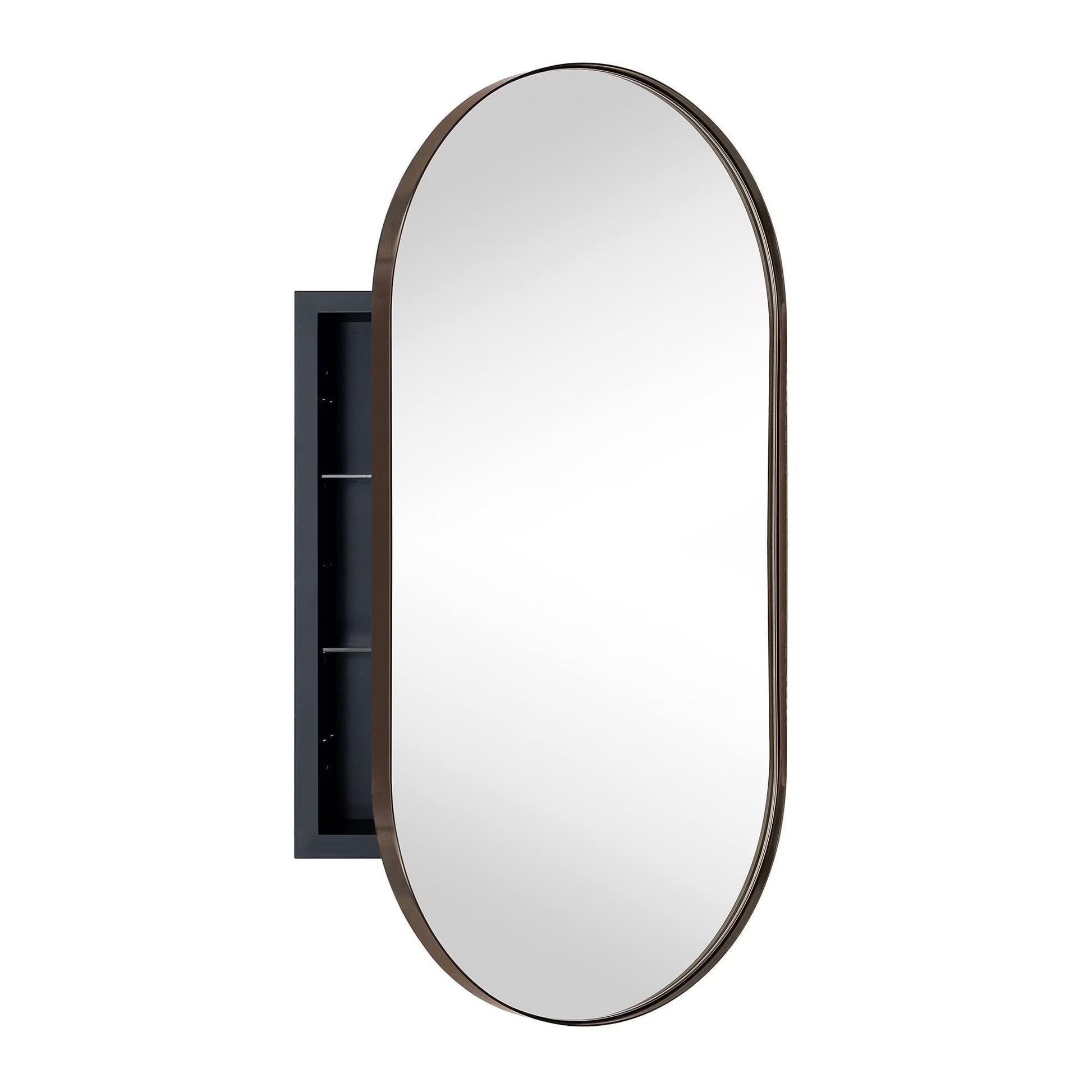 TEHOME Chrome Oval Recessed Bathroom Medicine Cabinet with Mirror Stainless Steel Metal Framed Oblong Pill Shaped Bathroom Cabinet with Mirror 16x33''