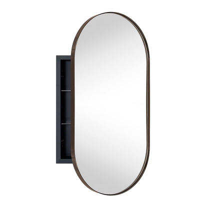 TEHOME Chrome Oval Recessed Bathroom Medicine Cabinet with Mirror Stainless Steel Metal Framed Oblong Pill Shaped Bathroom Cabinet with Mirror 16x33''