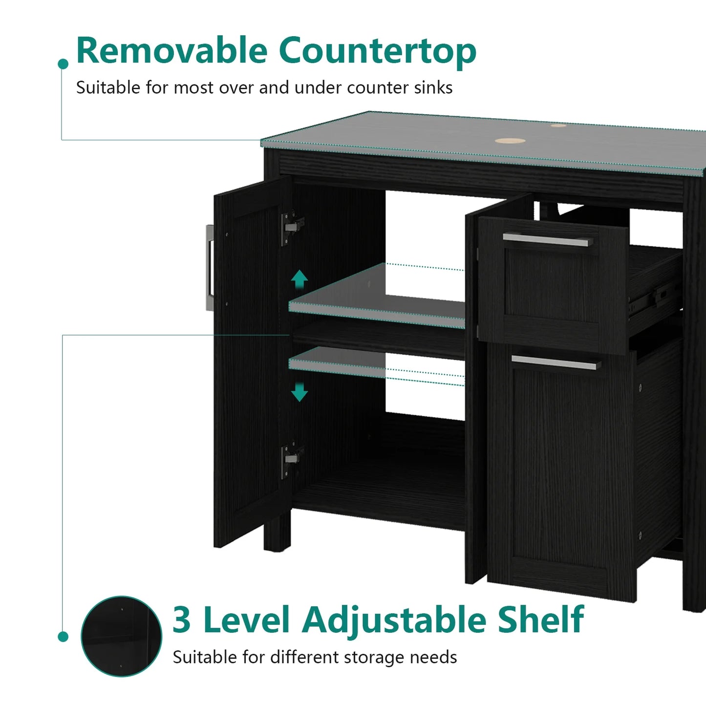 PULUOMIS 36 Inches Bathroom Vanity in Black Finish with Glass Boat-Shaped Vessel Sink, Single Bathroom Vanity with Top, 2-Door Cabinet and 2 Drawers