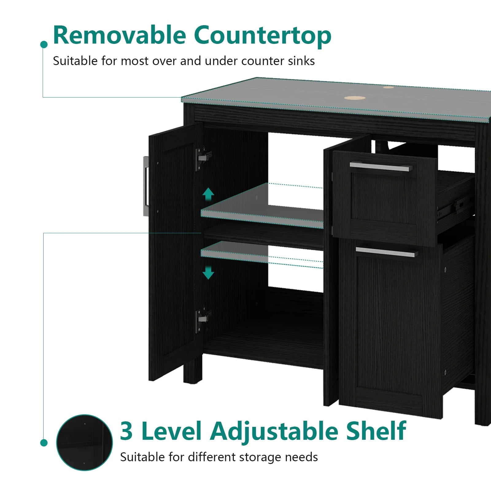 PULUOMIS 36 Inches Bathroom Vanity in Black Finish with Glass Boat-Shaped Vessel Sink, Single Bathroom Vanity with Top, 2-Door Cabinet and 2 Drawers