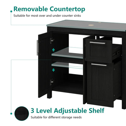 PULUOMIS 36 Inches Bathroom Vanity in Black Finish with Glass Boat-Shaped Vessel Sink, Single Bathroom Vanity with Top, 2-Door Cabinet and 2 Drawers