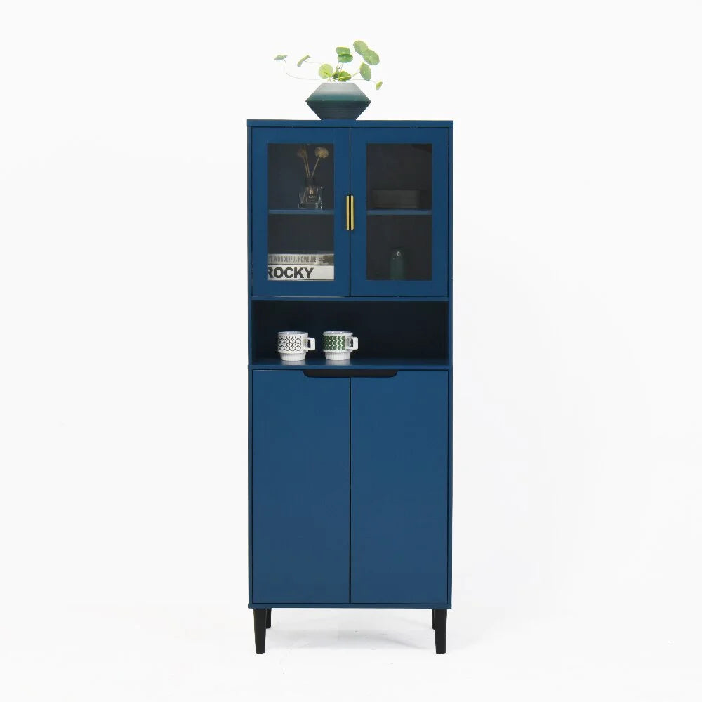 Kepooman Tall Storage Show Cabinet with 2 Glass Display Door & 2 Doors, Tall Kitchen Pantry Cabinet with Gold Handles, Modern Cabinet Freestanding for Bathroom, Dining Living Room, Blue