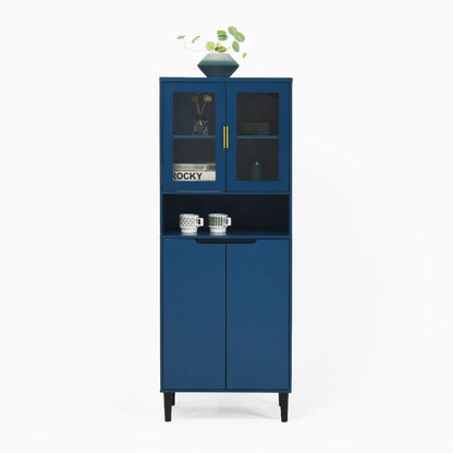 Kepooman Tall Storage Show Cabinet with 2 Glass Display Door & 2 Doors, Tall Kitchen Pantry Cabinet with Gold Handles, Modern Cabinet Freestanding for Bathroom, Dining Living Room, Blue