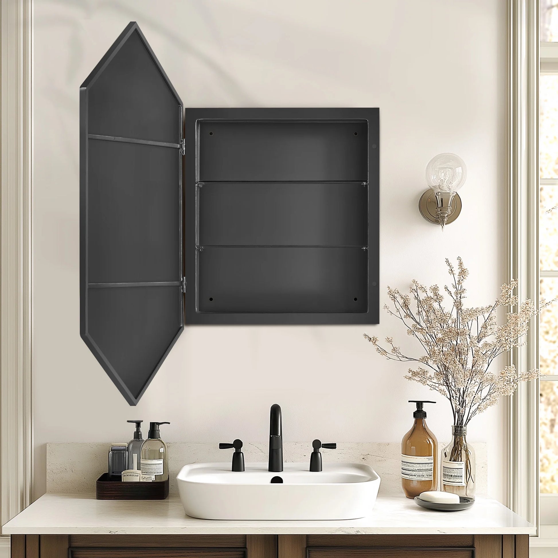Soges Bathroom Medicine Cabinet with 3 Adjustable Storage Shelves, Wall Mounted Metal Frame, Recessed Mirror Cabinet Medicine Cabinet, Hexagonal Bathroom Mirror Cabinet, 24x34 Inches, Black