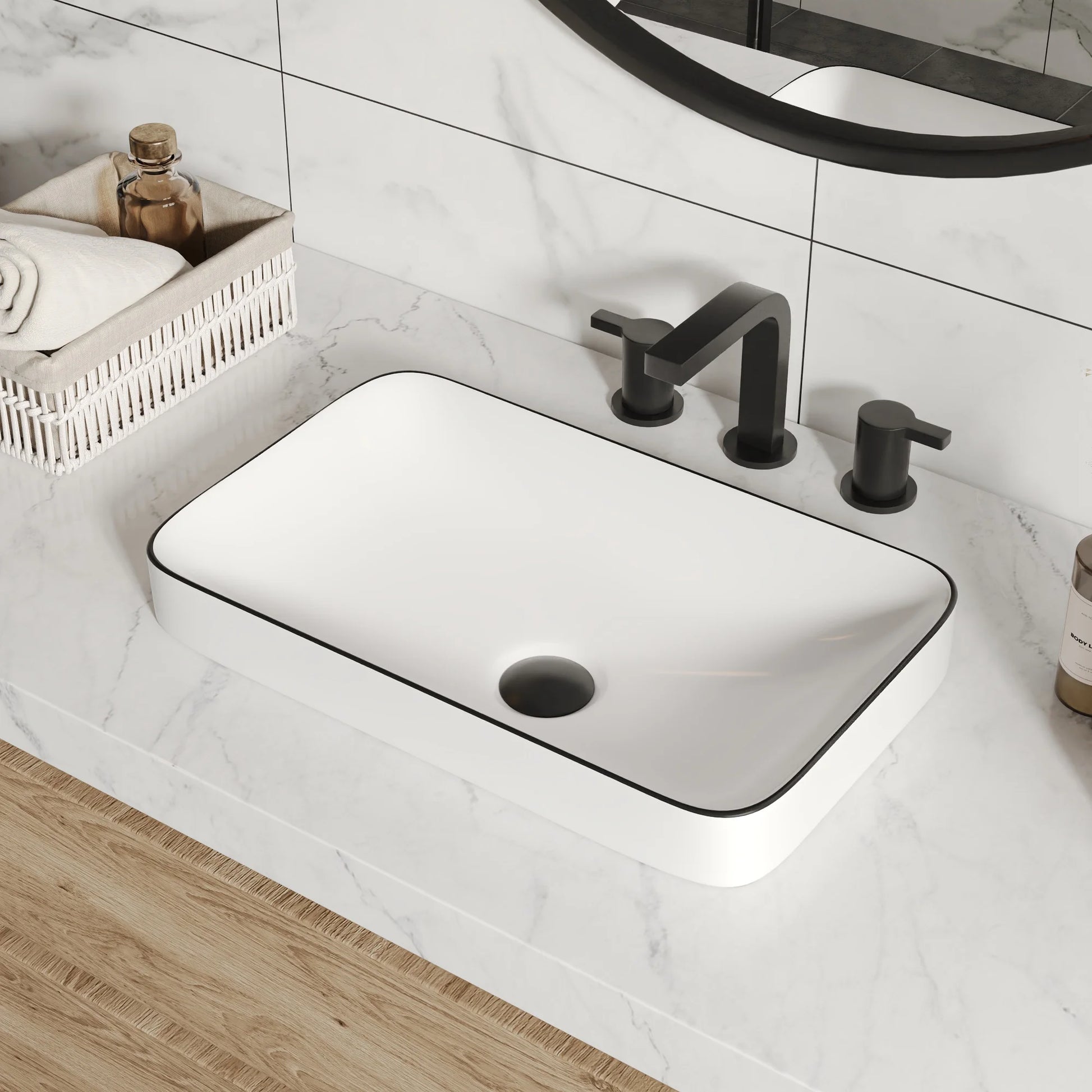 DV-1V0235 DeerValley Ally 19'' x 12'' Drop-In Bathroom Sink Semi-Recessed Vessel Sink Rectangular Above Counter Basin