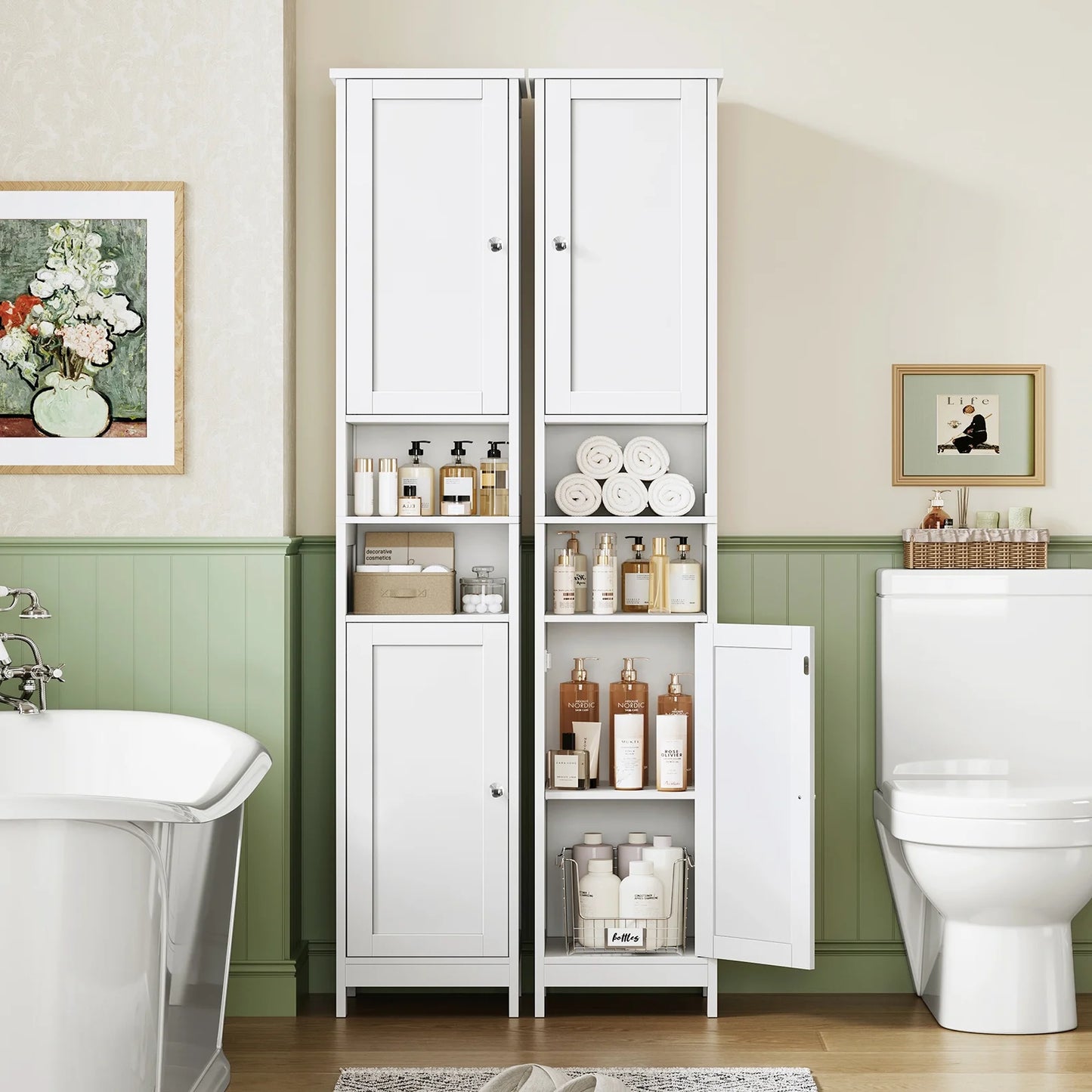 67" Tall Bathroom Cabinet with Adjustable Shelves and Doors, Bathroom Storage Cabinet for Small Space, Living Room, Entryway, Kitchen, White