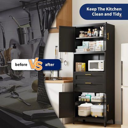 75�� Tall Kitchen Pantry Storage Cabinet, Metal Storage Cabinet with 2 Drawers and Adjustable Shelves, Kitchen Pantry Cupboard, Freestanding Cupboard for Bathroom, Living Room(Black)
