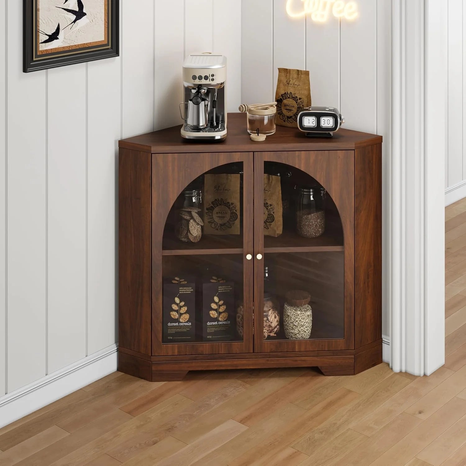 Mid Century Modern Corner Cabinet, Freestanding Curved Corner Storage Shelf with Doors and Adjustable Shelves, Farmhouse Storage Cabinet for Living Room Kitchen Bathroom (Walnut)