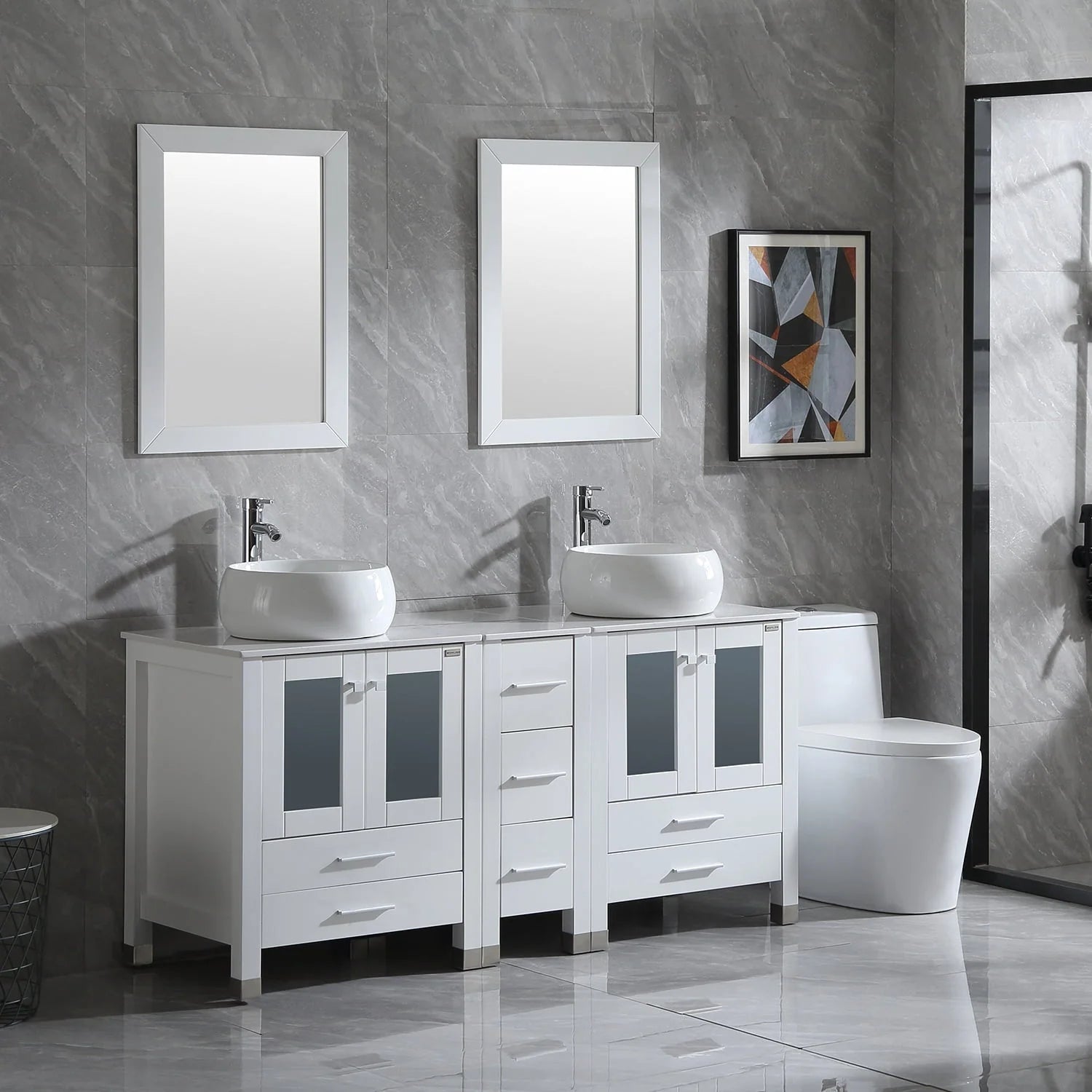 Wonline 60" Bathroom Vanity Wood Cabinet Double Ceramic Sink w/ Mirror White