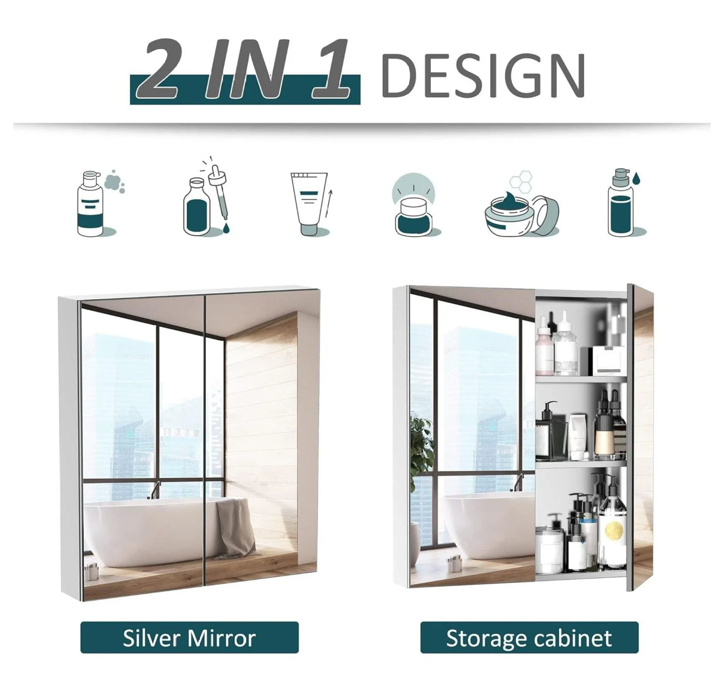 Alieon Bathroom Mirrored Cabinet, 24"x26" Stainless Steel Frame Medicine Cabinet, Wall-Mounted Storage Organizer with Double Doors, Silver