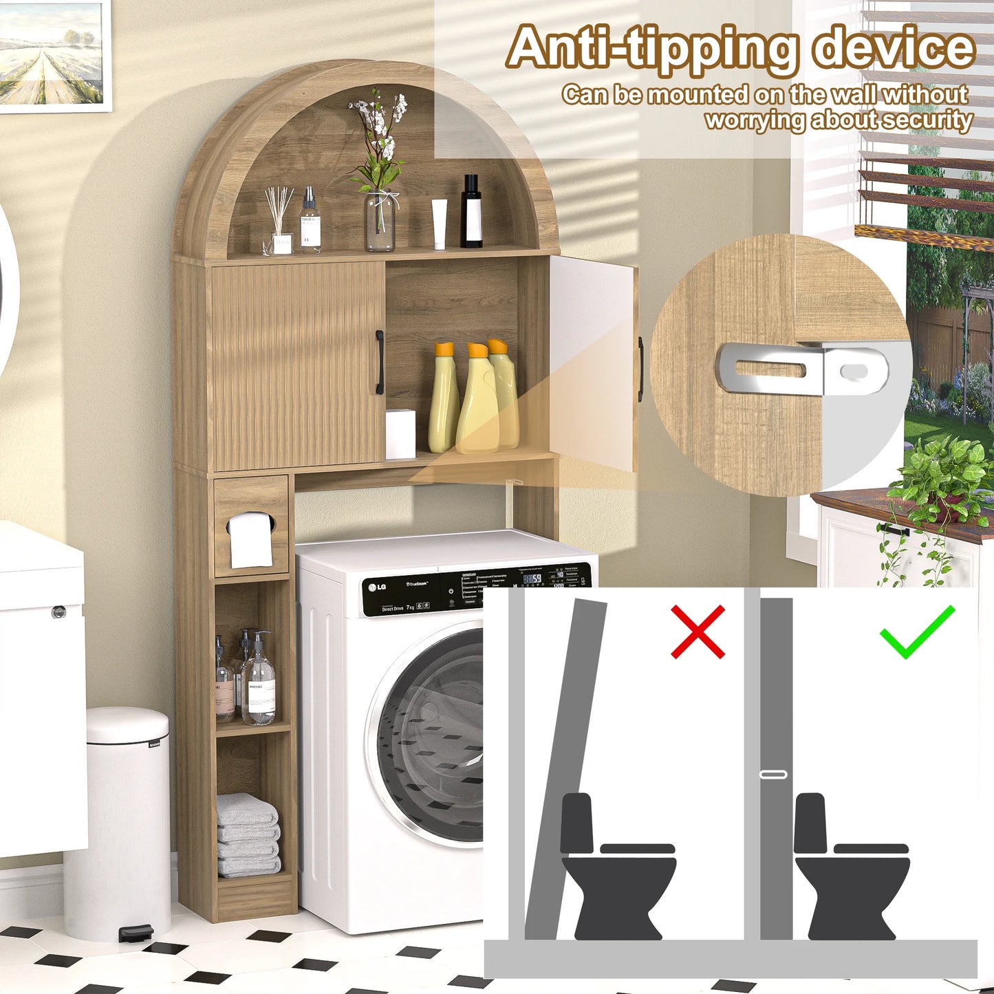 HARIPUL Over The Toilet Storage Cabinet w/ Unique Wood Grain & Arc Design, Freestanding Bathroom Shelf Organizer Space Saver w/ Doors & Anti-Tip Device, Wood Color