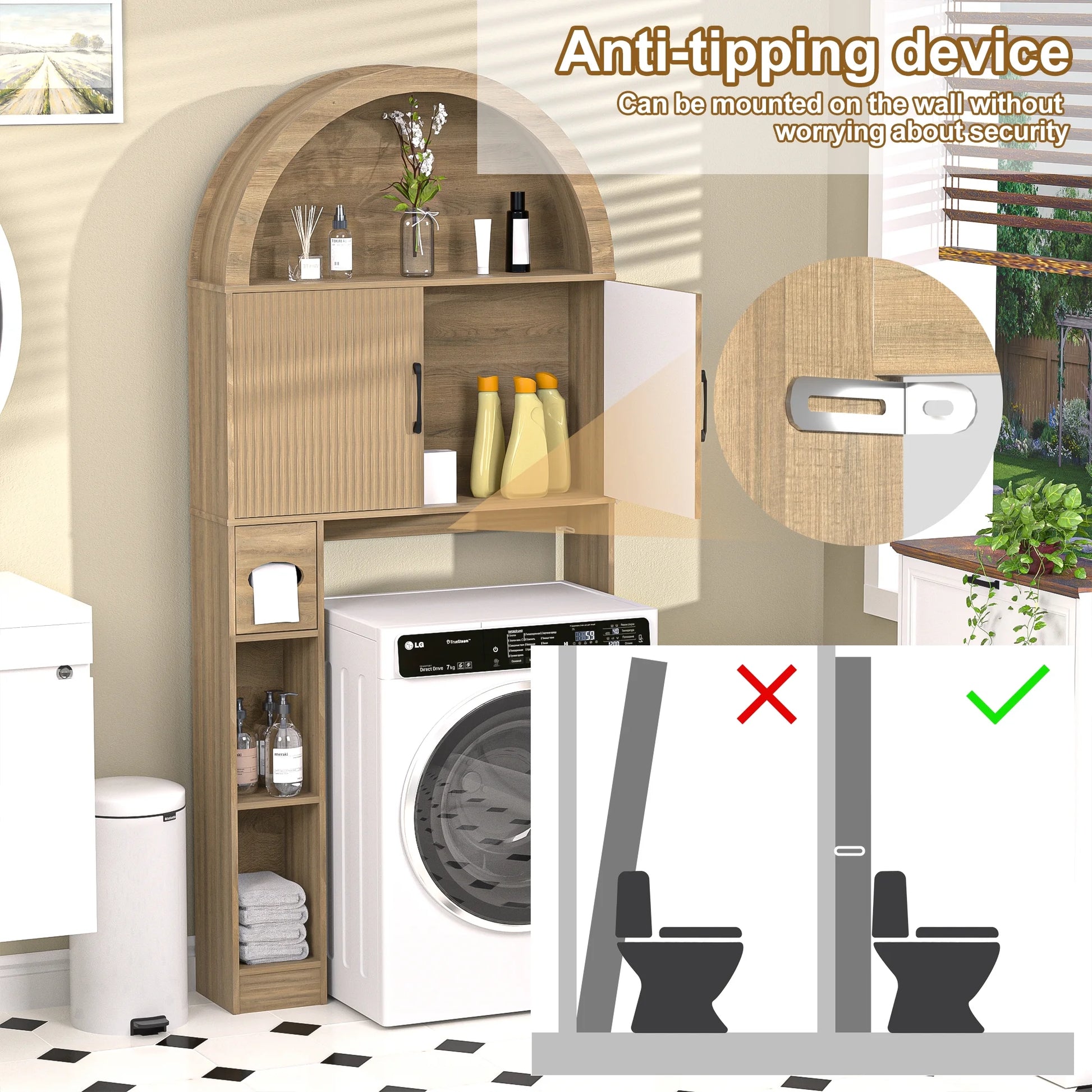 HARIPUL Over The Toilet Storage Cabinet w/ Unique Wood Grain & Arc Design, Freestanding Bathroom Shelf Organizer Space Saver w/ Doors & Anti-Tip Device, Wood Color